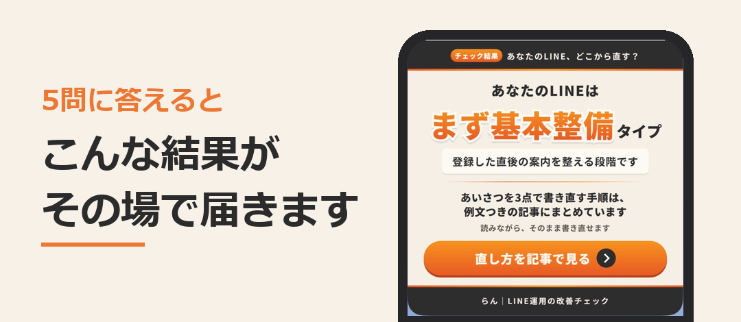 5問に答えると、こんな結果がその場で届きます。結果の例:まず基本整備タイプ